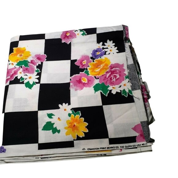 Other - Cotton Sewing Fabric Black White Checkerboard Bright Bold Large Flowers 2.5 yd